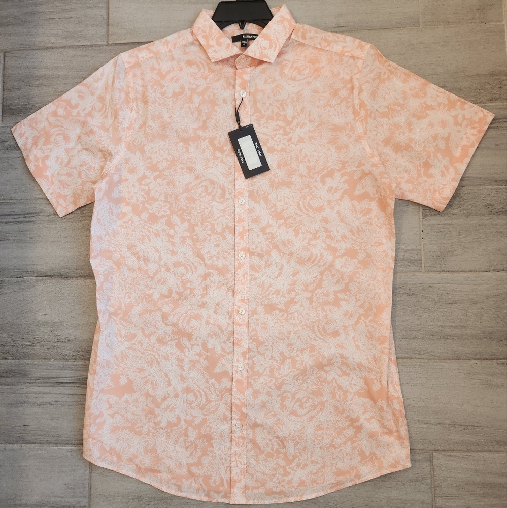Murano camp shirt L Tall petal pink 100%cotton floral short sleeve pastel new$80